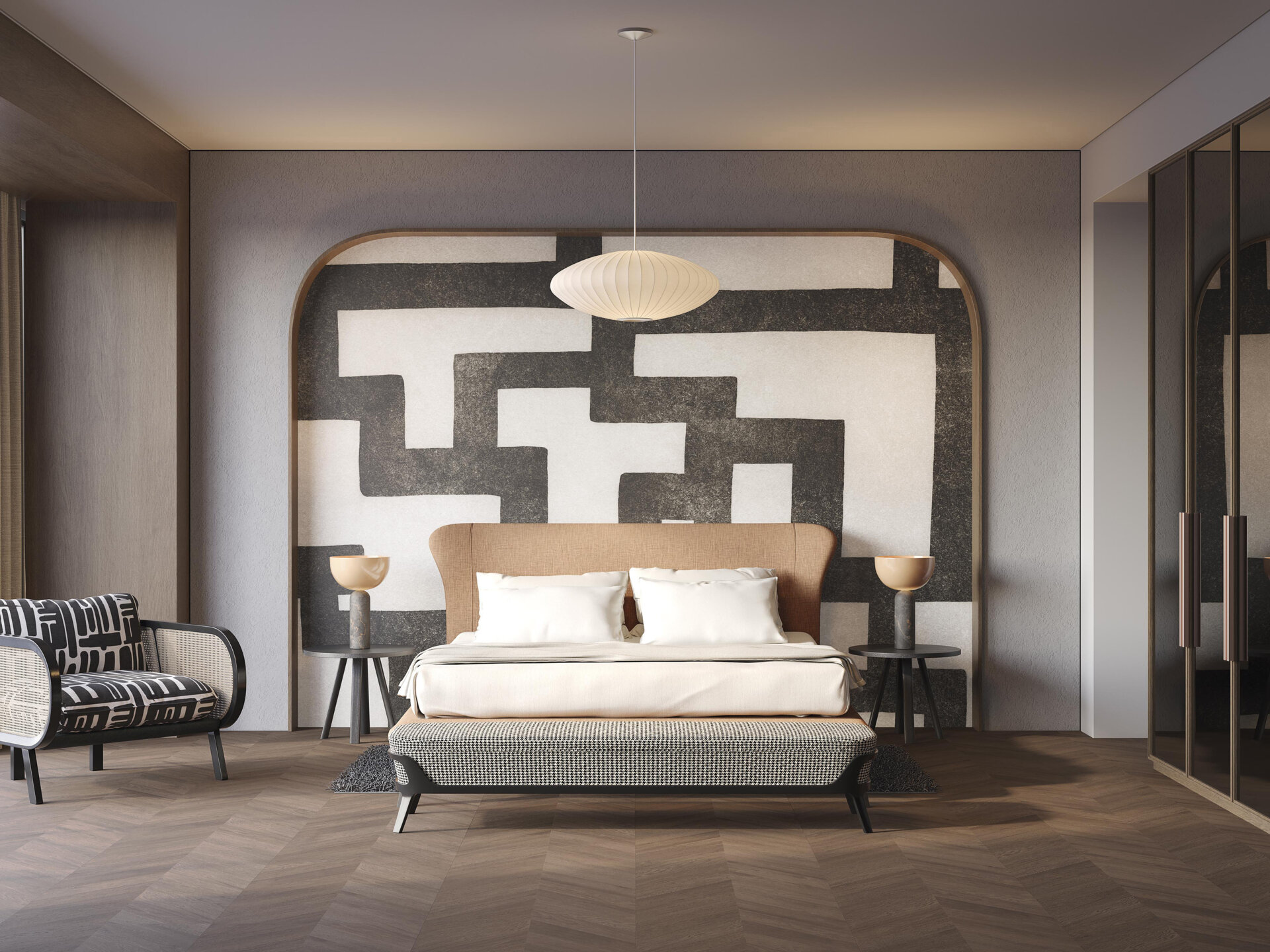 Labyrinth plays with interlocking shapes and endless pathways. The result is a modern, geometric composition with a hint of mystery. This wallpaper mural is ideal for spaces that embrace clean lines but still want visual depth.